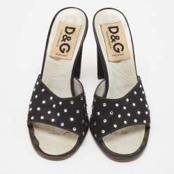 D&G Black Satin Crystal Embellished Slide Sandals Size 37