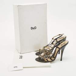 D&G Black Patent Leather Studded Slingback Sandals Size 40