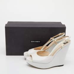 Pre Owned D&G White Leather Peep Toe Wedge Slingback Sandals Size 36