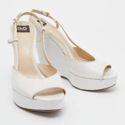 Pre Owned D&G White Leather Peep Toe Wedge Slingback Sandals Size 36