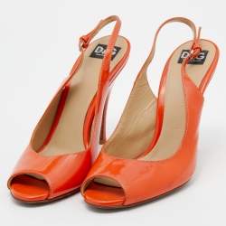 Pre Owned D&G Orange Patent Leather Peep Toe Slingback Sandals Size 37