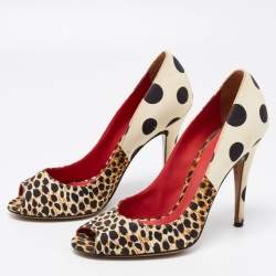 D&G  Brown/Cream Canvas Leopard Printed Peep Toe Pumps Size 39