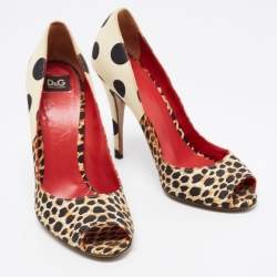 D&G  Brown/Cream Canvas Leopard Printed Peep Toe Pumps Size 39