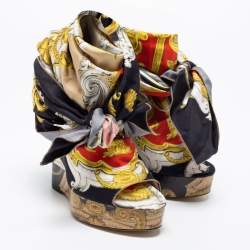 Pre Owned D&G Multicolor Printed Silk Scarf Open Toe Ankle Wrap Wedge Pumps Size 38