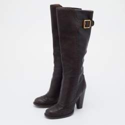 D&G Brown/Dark Grey Brogue Leather Knee Length Boots Size 38