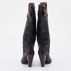 D&G Brown/Dark Grey Brogue Leather Knee Length Boots Size 38