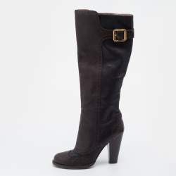 D&G Brown/Dark Grey Brogue Leather Knee Length Boots Size 38