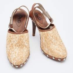 D&G Beige/Brown Raffia and Leather Ankle Strap Clog Sandals Size 38