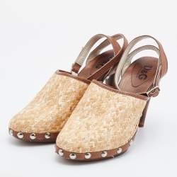 D&G Beige/Brown Raffia and Leather Ankle Strap Clog Sandals Size 38