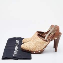 D&G Beige/Brown Raffia and Leather Ankle Strap Clog Sandals Size 38
