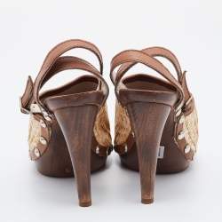 D&G Beige/Brown Raffia and Leather Ankle Strap Clog Sandals Size 38