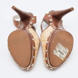 D&G Beige/Brown Raffia and Leather Ankle Strap Clog Sandals Size 38