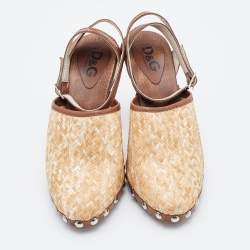 D&G Beige/Brown Raffia and Leather Ankle Strap Clog Sandals Size 38