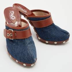 Pre Owned D&G Blue/Brown Denim and Leather Clogs Sandals Size 37