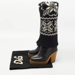 Pre Owned D&G Black Knit and Leather Knee Length Boots Size 39.5