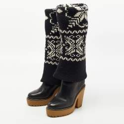 Pre Owned D&G Black Knit and Leather Knee Length Boots Size 39.5