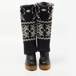 Pre Owned D&G Black Knit and Leather Knee Length Boots Size 39.5