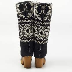 Pre Owned D&G Black Knit and Leather Knee Length Boots Size 39.5