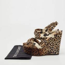 Dolce & Gabbana Brown/Black Leopard And Polka Print Canvas Platform Wedge Slingback Sandals Size 39