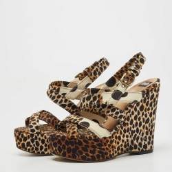 Dolce & Gabbana Brown/Black Leopard And Polka Print Canvas Platform Wedge Slingback Sandals Size 39