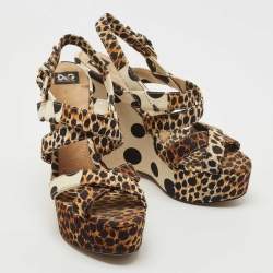 Dolce & Gabbana Brown/Black Leopard And Polka Print Canvas Platform Wedge Slingback Sandals Size 39