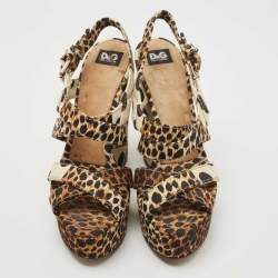 Dolce & Gabbana Brown/Black Leopard And Polka Print Canvas Platform Wedge Slingback Sandals Size 39