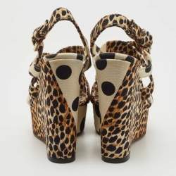 Dolce & Gabbana Brown/Black Leopard And Polka Print Canvas Platform Wedge Slingback Sandals Size 39