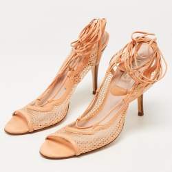 Pre Owned D&G Peach Mesh and Leather Ankle Wrap Sandals Size 40