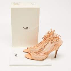 Pre Owned D&G Peach Mesh and Leather Ankle Wrap Sandals Size 40