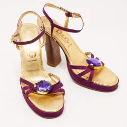 D&G Purple /Gold Leather Crystal Embellished Ankle Strap Block Heel Sandals Size 36