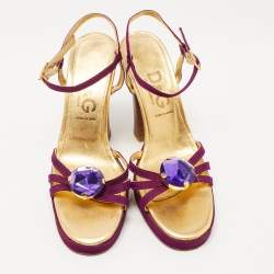 D&G Purple /Gold Leather Crystal Embellished Ankle Strap Block Heel Sandals Size 36