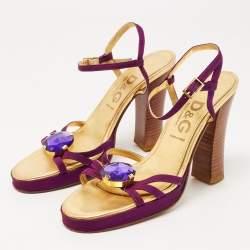 D&G Purple /Gold Leather Crystal Embellished Ankle Strap Block Heel Sandals Size 36