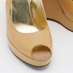 D&G Beige Patent Leather Peep Toe Slingback Wedge Sandals Size 38.5