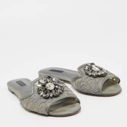 Pre Owned Dolce & Gabbana Grey Lace and Satin Crystal Embellished Flat Slides Size 39