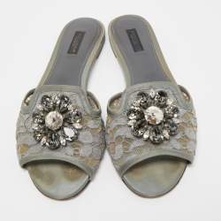 Pre Owned Dolce & Gabbana Grey Lace and Satin Crystal Embellished Flat Slides Size 39