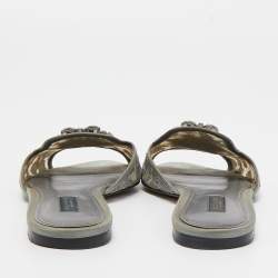 Pre Owned Dolce & Gabbana Grey Lace and Satin Crystal Embellished Flat Slides Size 39
