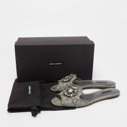 Pre Owned Dolce & Gabbana Grey Lace and Satin Crystal Embellished Flat Slides Size 39