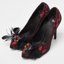 D&G Red/Black Feather and Crystal Embellished Lace and Satin Pumps Size 37.5