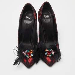 D&G Red/Black Feather and Crystal Embellished Lace and Satin Pumps Size 37.5