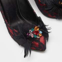 D&G Red/Black Feather and Crystal Embellished Lace and Satin Pumps Size 37.5