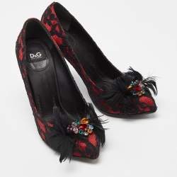 D&G Red/Black Feather and Crystal Embellished Lace and Satin Pumps Size 37.5