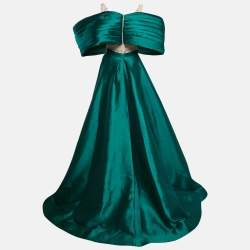 Diana Mahrach Cream/Green Embellished Tulle and Crepe Off-Shoulder Mermaid Gown S