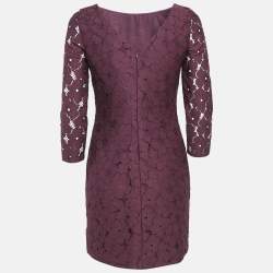 Pre Owned Diane Von Furstenberg Burgundy Sarita Flower Lace Shift Dress S