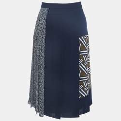 Diane Von Furstenberg Navy Blue Printed Crepe Pleated Midi Skirt XL