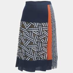 Diane Von Furstenberg Navy Blue Printed Crepe Pleated Midi Skirt XL