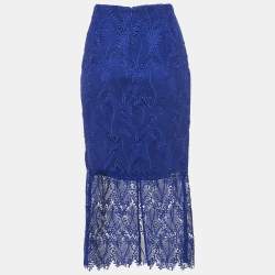 Pre Owned Diane Von Furstenberg Klein Blue Lace Overlay Tailored Pencil Skirt M