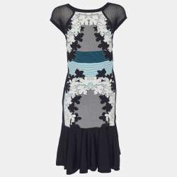 Pre Owned Diane Von Furstenberg Navy Blue/White Knit Jalen Dress S