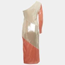 Pre Owned Diane Von Furstenberg Champagne/Pink Paneled One Shoulder Dress S