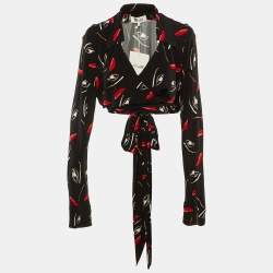 Pre Owned Diane Von Furstenberg Black Floating Face Print Jersey Wrap Around Bobbie Top XL 