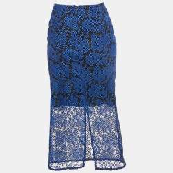 مملوكة مسبقًا Diane Von Furstenberg Black /Blue Embroidered Mesh Overlay Tailored Pencil Skirt XS